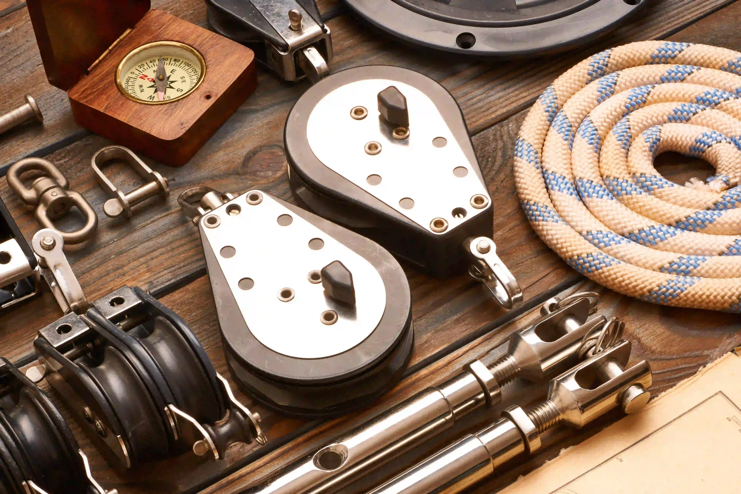 Nautical tools on wooden plank background